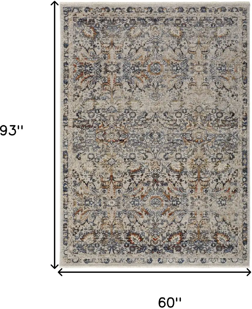 Tan Blue And Orange Floral Power Loom Distressed Area Rug With Fringe Photo 10