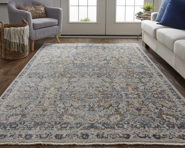 Tan Blue And Orange Floral Power Loom Distressed Area Rug With Fringe Photo 5