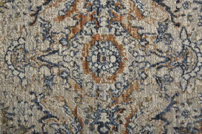 Tan Blue And Orange Floral Power Loom Distressed Area Rug With Fringe Photo 9