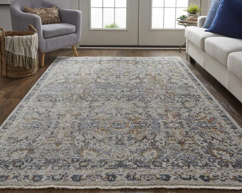 Tan Blue And Orange Floral Power Loom Distressed Area Rug With Fringe Photo 6