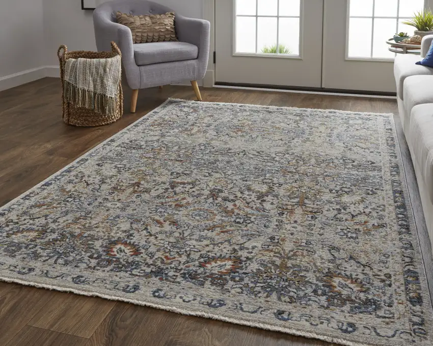 Tan Blue And Orange Floral Power Loom Distressed Area Rug With Fringe Photo 7