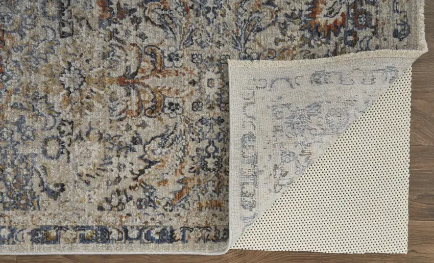 Tan Blue And Orange Floral Power Loom Distressed Area Rug With Fringe Photo 4