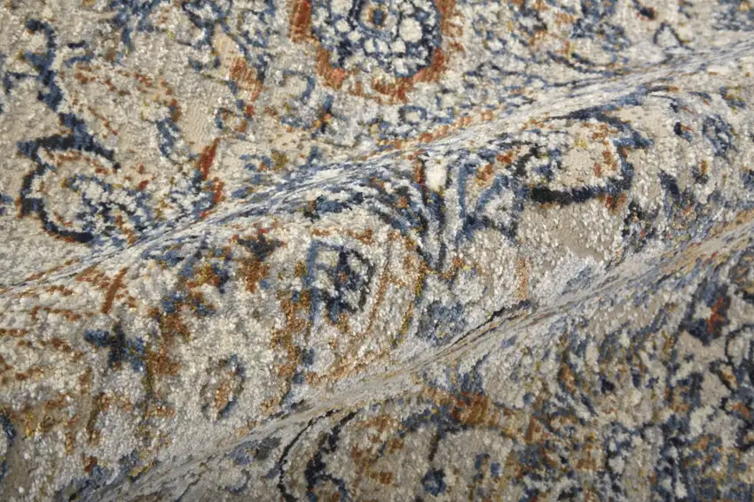 Tan Blue And Orange Floral Power Loom Distressed Area Rug With Fringe Photo 8