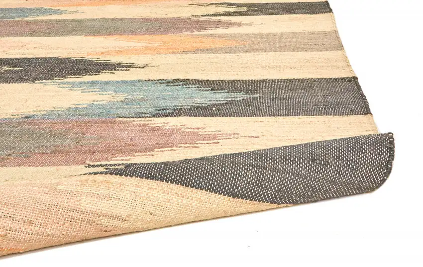 Tan Blue And Orange Geometric Dhurrie Flatweave Handmade Area Rug With Fringe Photo 7