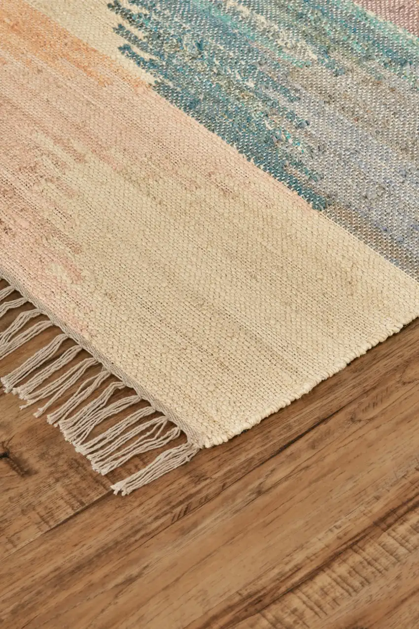 Tan Blue And Orange Geometric Dhurrie Flatweave Handmade Area Rug With Fringe Photo 8