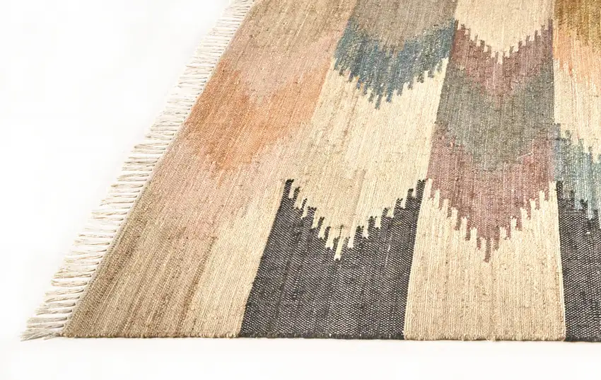 Tan Blue And Orange Geometric Dhurrie Flatweave Handmade Area Rug With Fringe Photo 6