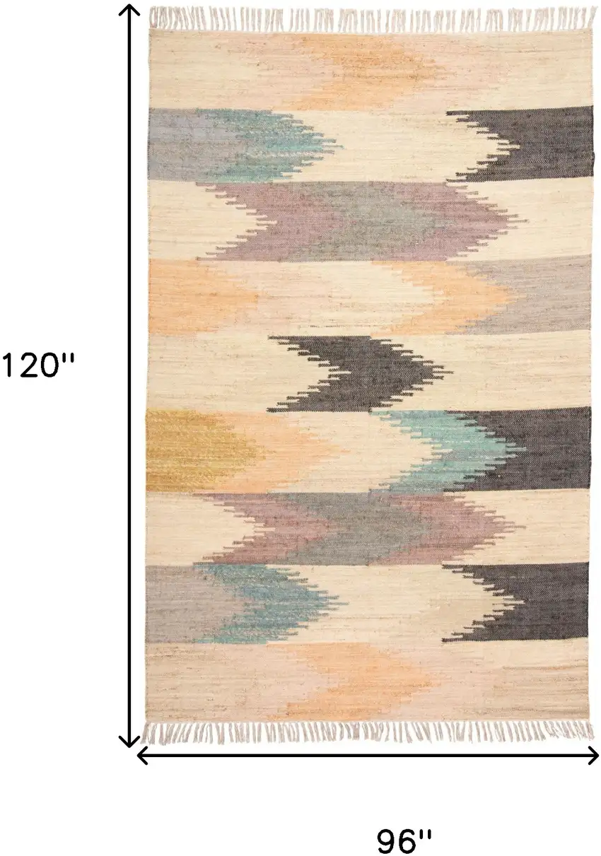 Tan Blue And Orange Geometric Dhurrie Flatweave Handmade Area Rug With Fringe Photo 10