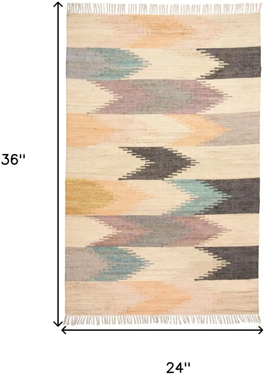 Tan Blue And Orange Geometric Dhurrie Flatweave Handmade Area Rug With Fringe Photo 10