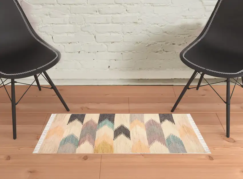 Tan Blue And Orange Geometric Dhurrie Flatweave Handmade Area Rug With Fringe Photo 3
