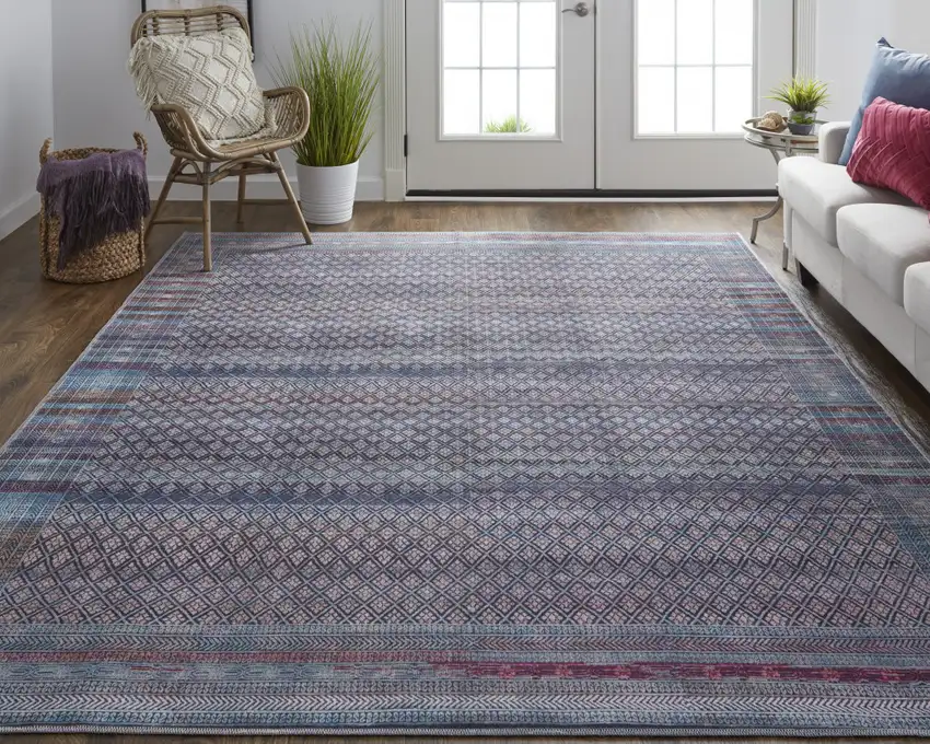 Tan Blue And Pink Striped Power Loom Area Rug Photo 6