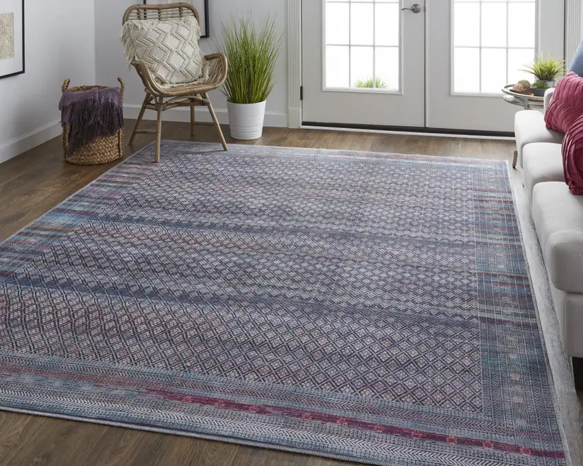 Tan Blue And Pink Striped Power Loom Area Rug Photo 7
