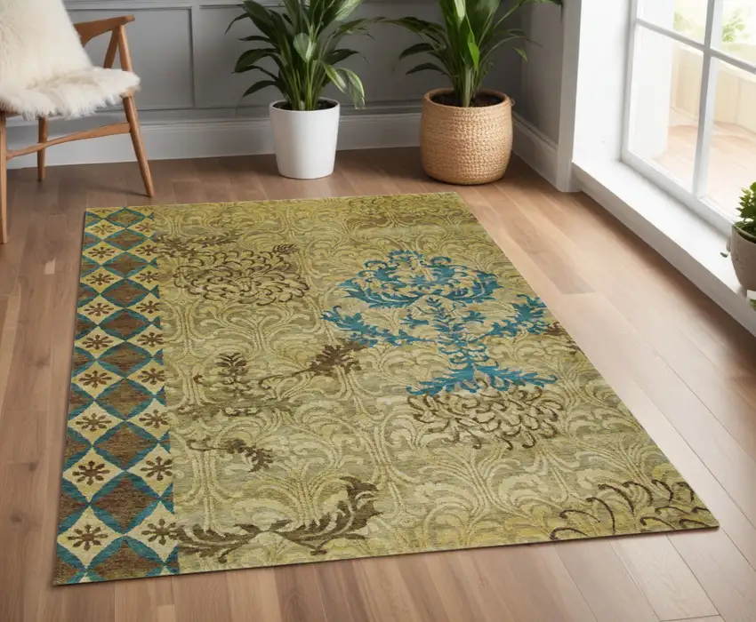 Tan Blue and Brown Floral Hand Knotted Area Rug Photo 1