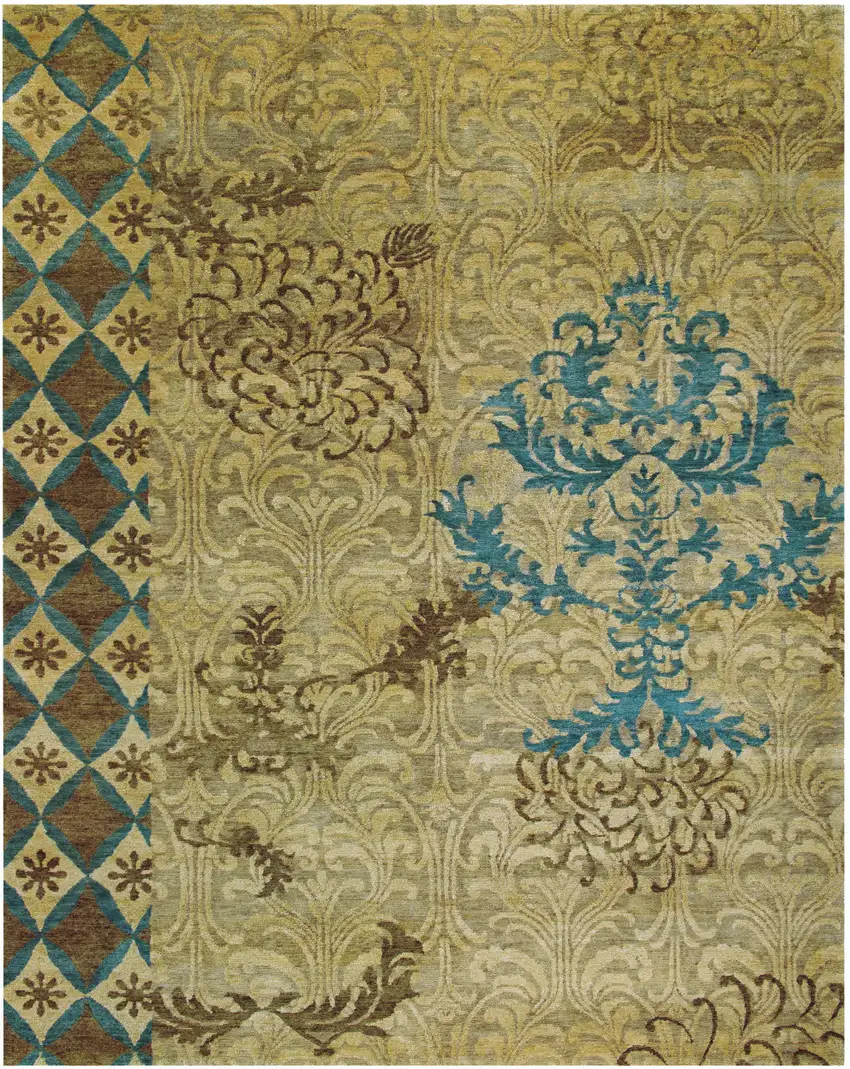 Tan Blue and Brown Floral Hand Knotted Area Rug Photo 2