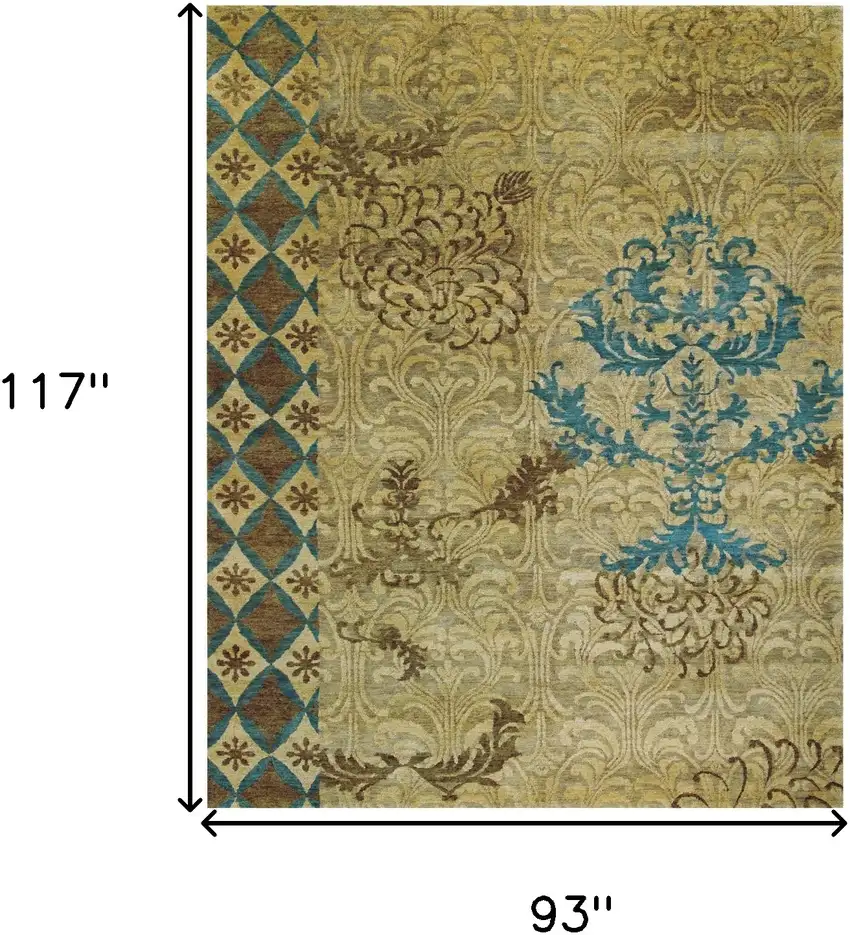 Tan Blue and Brown Floral Hand Knotted Area Rug Photo 3