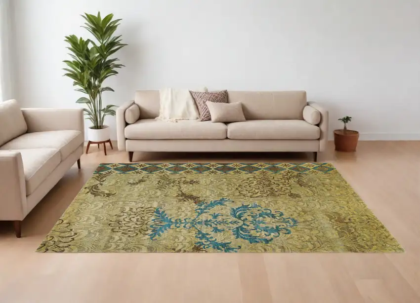 Tan Blue and Brown Floral Hand Knotted Area Rug Photo 1