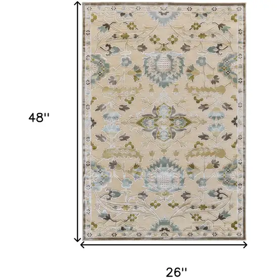 Tan Blue and Brown Floral Power Loom Worn Faded Area Rug Photo 3