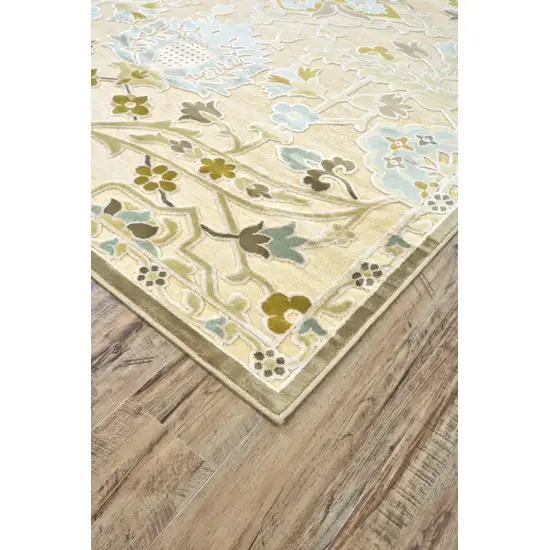 Tan Blue and Brown Floral Power Loom Worn Faded Area Rug Photo 5