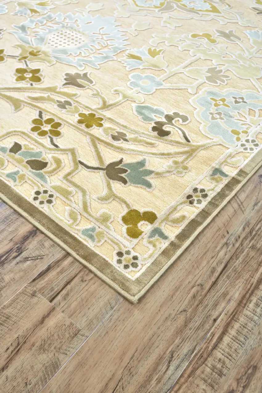 Tan Blue and Brown Floral Power Loom Worn Faded Area Rug Photo 5