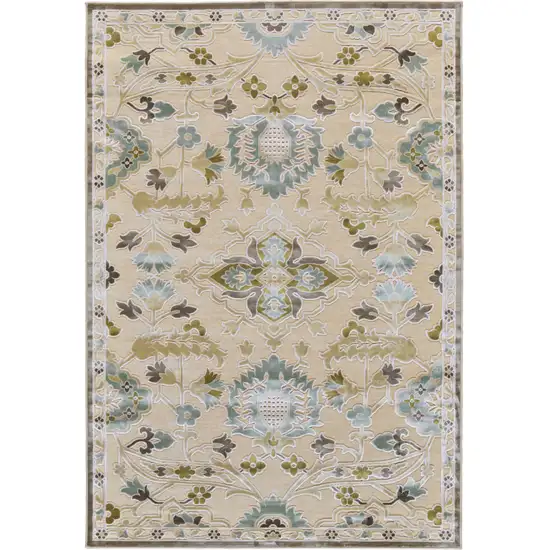 Tan Blue and Brown Floral Power Loom Worn Faded Area Rug Photo 2