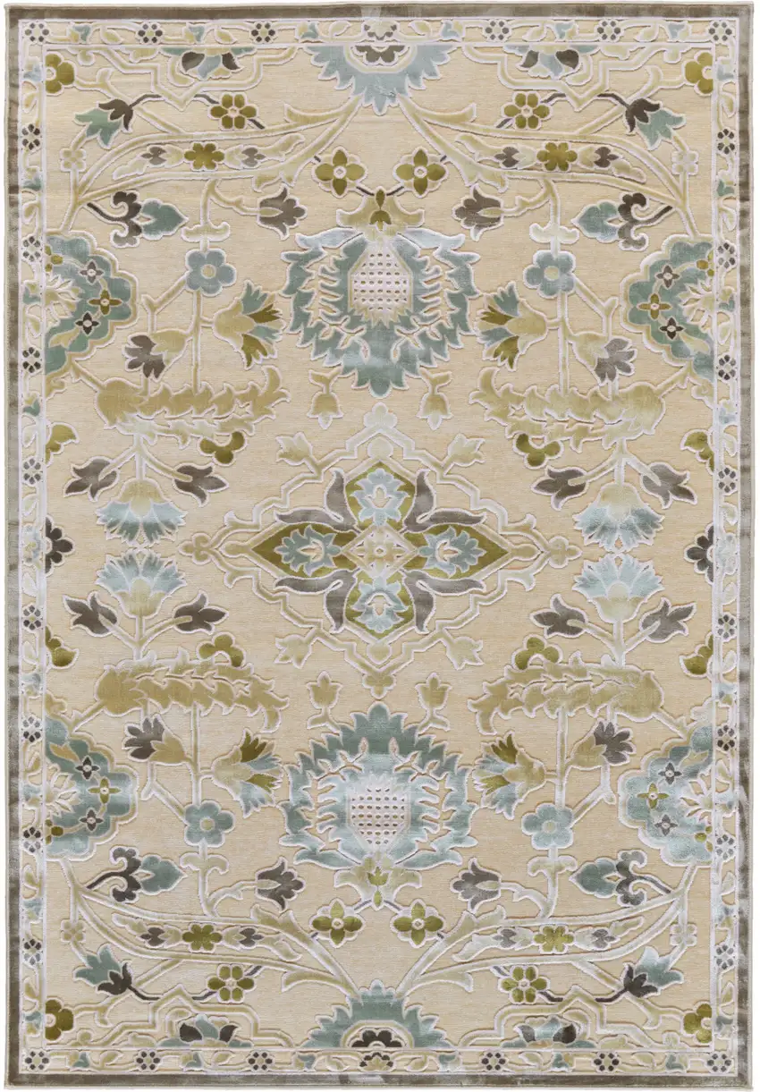 Tan Blue and Brown Floral Power Loom Worn Faded Area Rug Photo 2