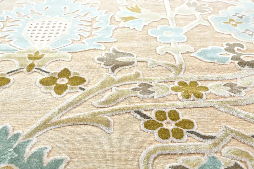 Tan Blue and Brown Floral Power Loom Worn Faded Area Rug Photo 4