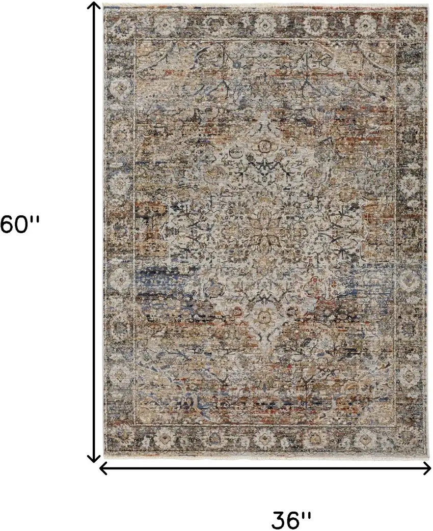 Tan Blue and Brown Oriental Power Loom Area Rug With Fringe Photo 3