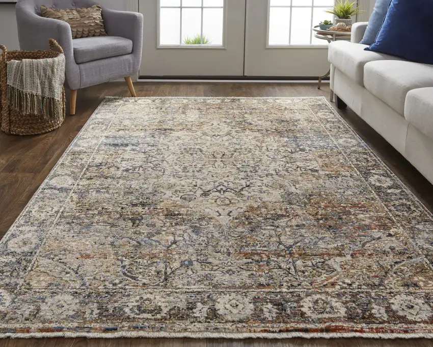 Tan Blue and Brown Oriental Power Loom Area Rug With Fringe Photo 9