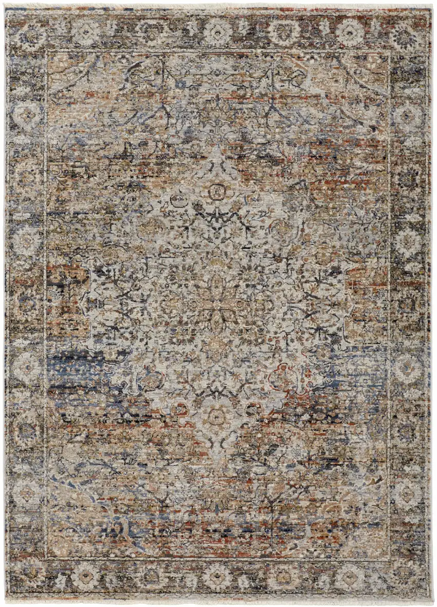 Tan Blue and Brown Oriental Power Loom Area Rug With Fringe Photo 2