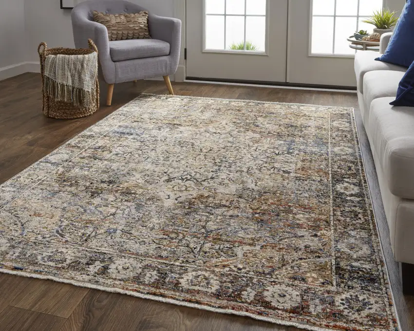 Tan Blue and Brown Oriental Power Loom Area Rug With Fringe Photo 8