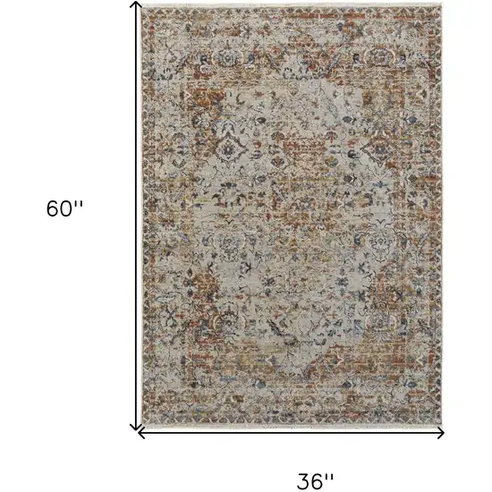 Tan Blue and Brown Oriental Power Loom Worn Faded Area Rug With Fringe Photo 3