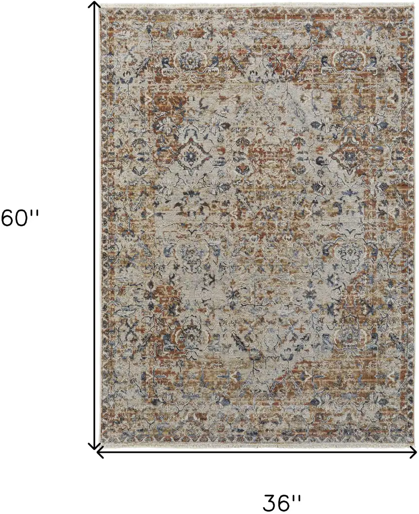 Tan Blue and Brown Oriental Power Loom Worn Faded Area Rug With Fringe Photo 3