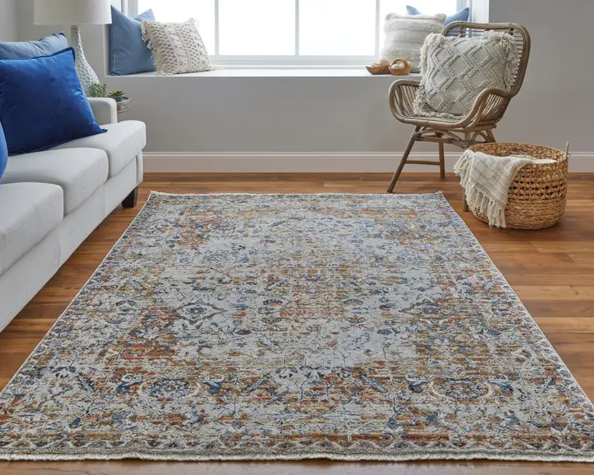 Tan Blue and Brown Oriental Power Loom Worn Faded Area Rug With Fringe Photo 9