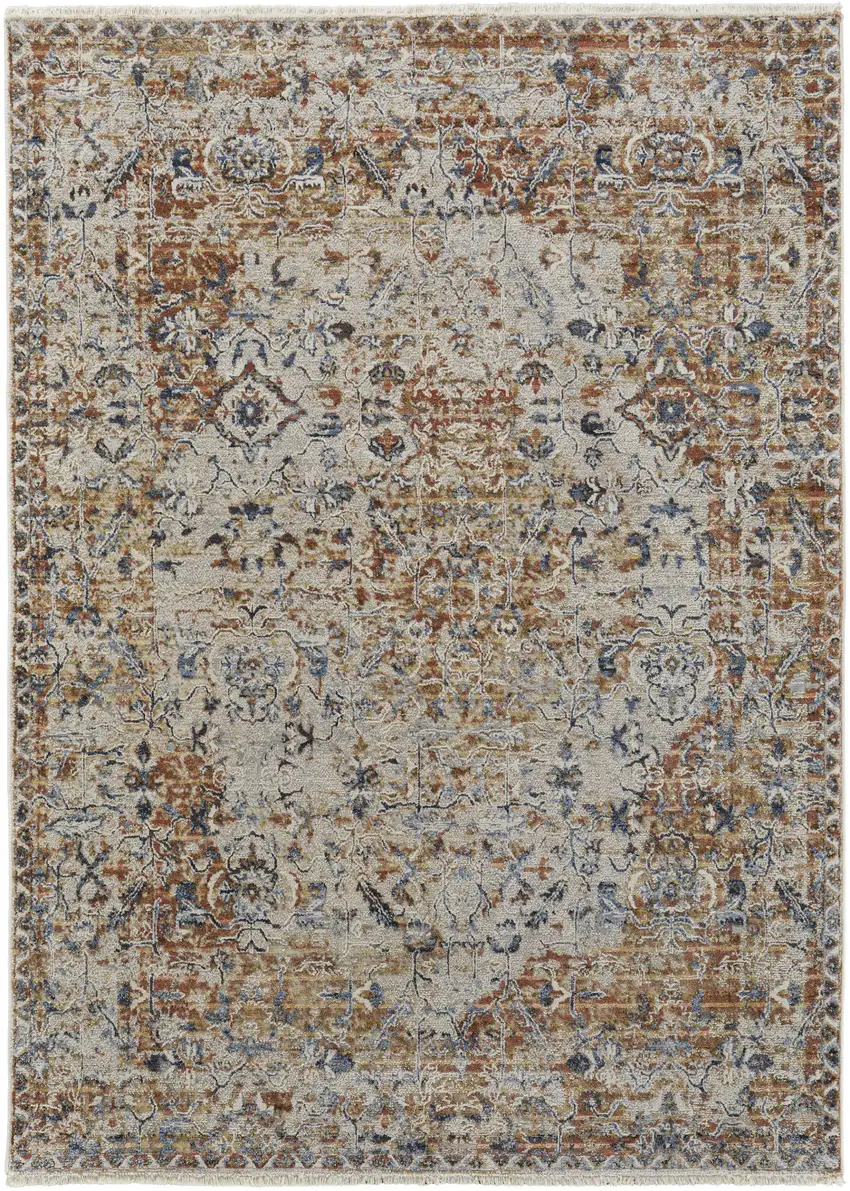 Tan Blue and Brown Oriental Power Loom Worn Faded Area Rug With Fringe Photo 2