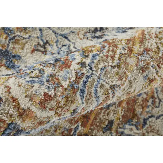 Tan Blue and Brown Oriental Power Loom Worn Faded Area Rug With Fringe Photo 4