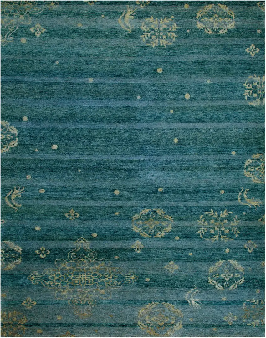 Tan Blue and Green Striped Hand Knotted Area Rug Photo 6