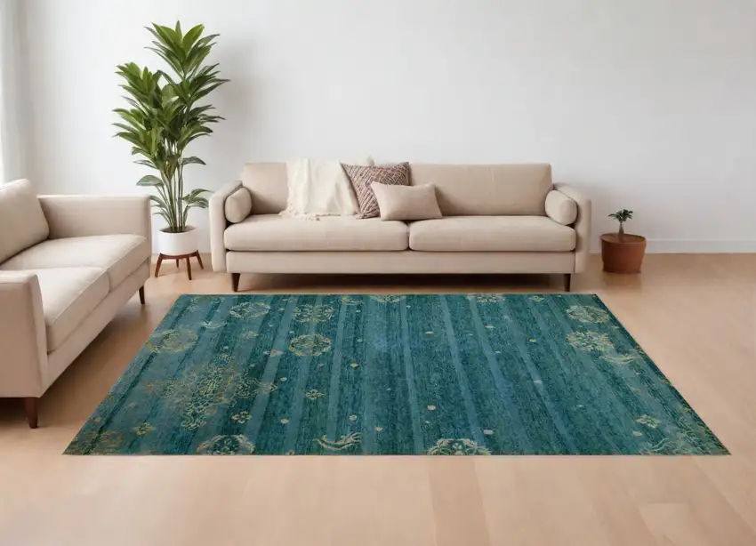 Tan Blue and Green Striped Hand Knotted Area Rug Photo 1