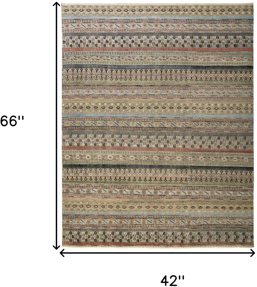 Tan Blue and Orange Striped Hand Knotted Area Rug Photo 3