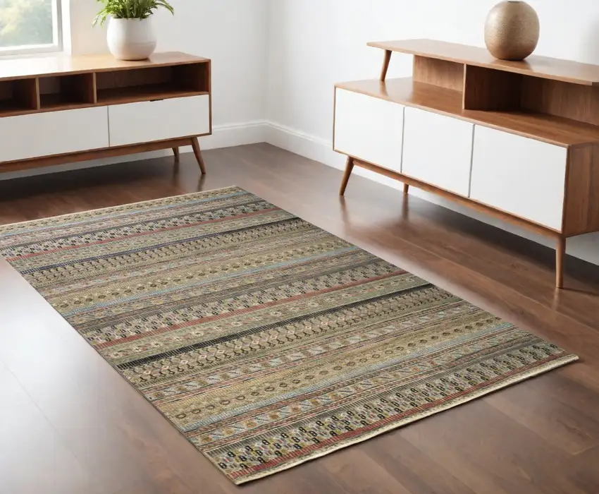 Tan Blue and Orange Striped Hand Knotted Area Rug Photo 1