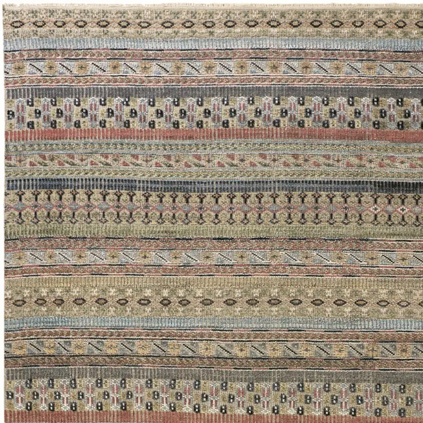 Tan Blue and Orange Striped Hand Knotted Area Rug Photo 9