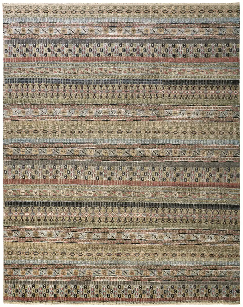 Tan Blue and Orange Striped Hand Knotted Area Rug Photo 4