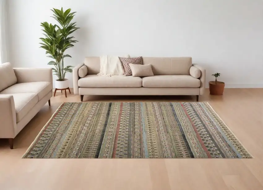 Tan Blue and Orange Striped Hand Knotted Area Rug Photo 1