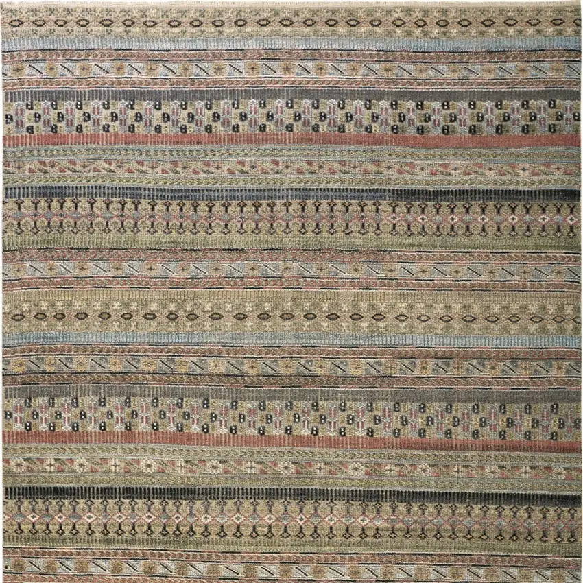 Tan Blue and Orange Striped Hand Knotted Area Rug Photo 9