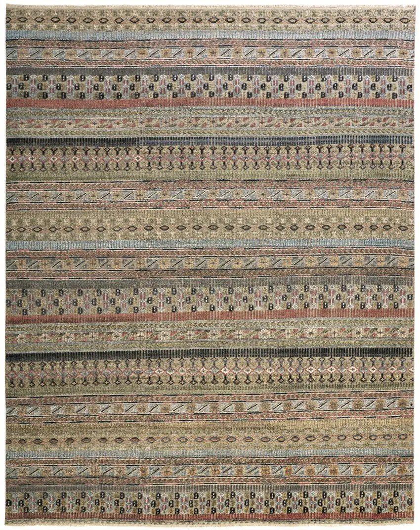 Tan Blue and Orange Striped Hand Knotted Area Rug Photo 5