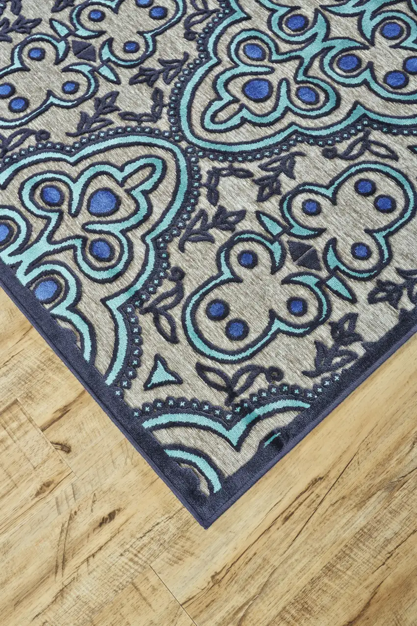 Tan Blue and Taupe Damask Power Loom Area Rug Photo 8