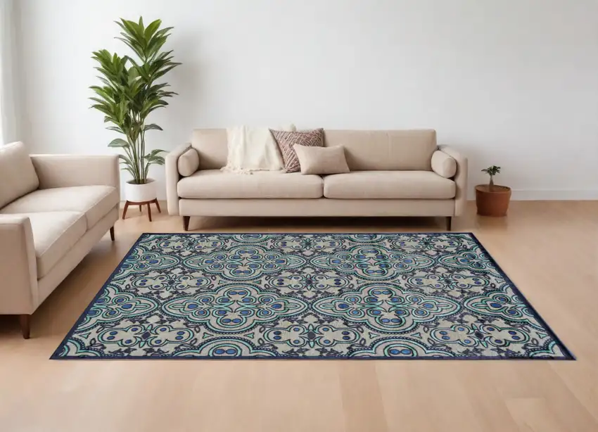 Tan Blue and Taupe Damask Power Loom Area Rug Photo 1