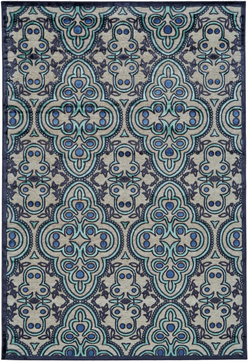Tan Blue and Taupe Damask Power Loom Area Rug Photo 2