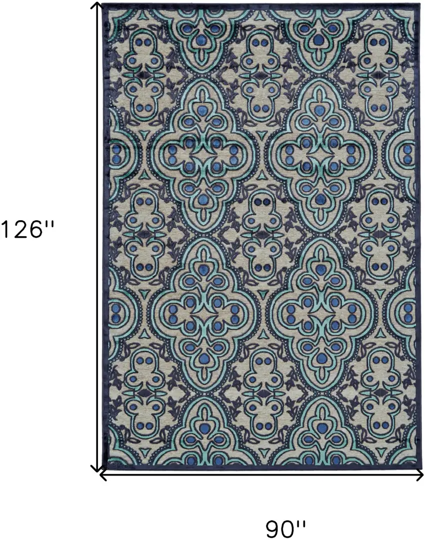 Tan Blue and Taupe Damask Power Loom Area Rug Photo 3