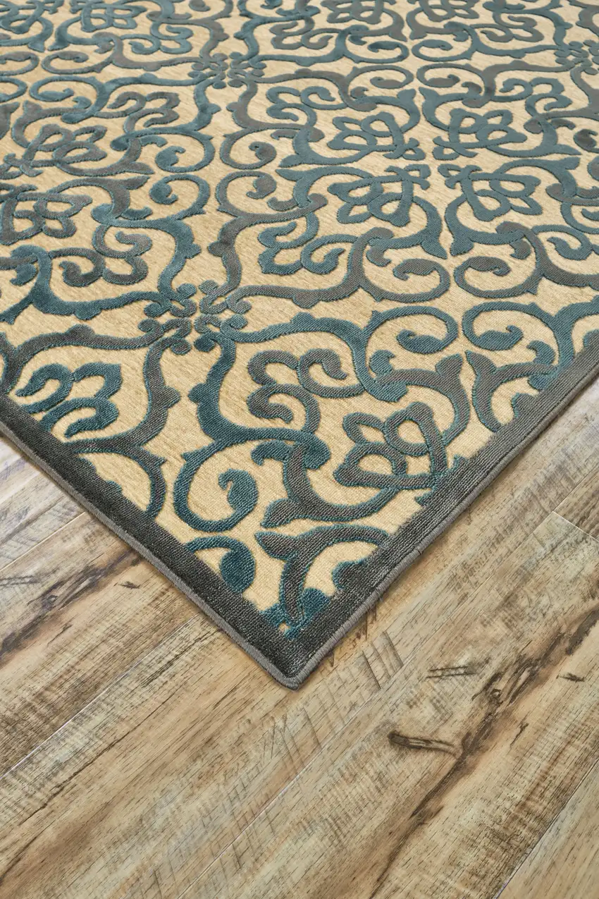 Tan Blue and Taupe Floral Power Loom Area Rug Photo 6