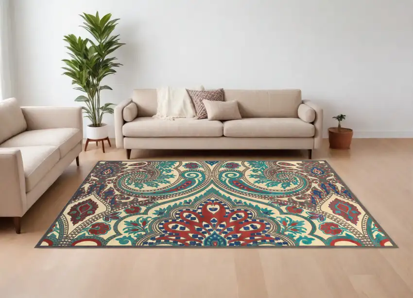 Tan Blue and Taupe Paisley Power Loom Area Rug Photo 1