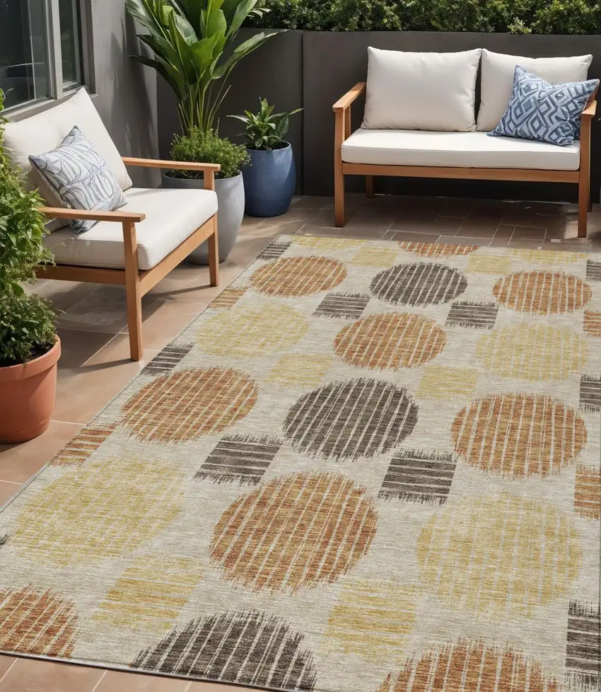 Tan Brown And Beige Geometric Washable Indoor Outdoor Area Rug Photo 1